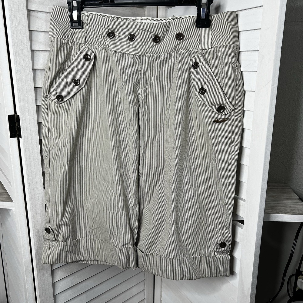 OBEY Women's Pinstripe Shorts Brown &‎ White Sz 28 Metal Sword Logo Buttons NWOT